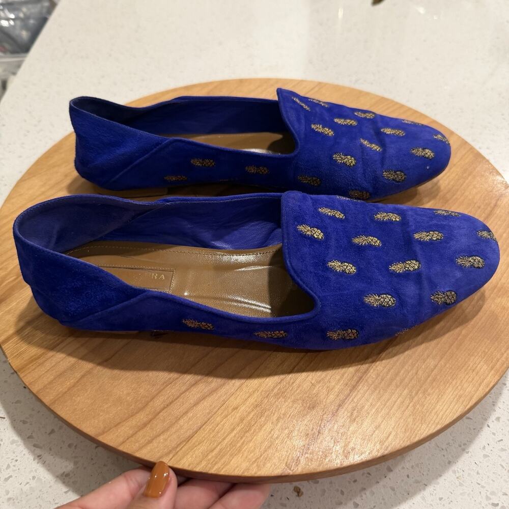 Aquazzura Loafers 9 Ananas Suede Embroidered Pineapple Flats Blue Chic Preppy